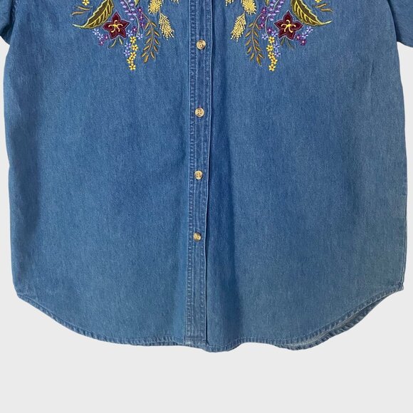 Vintage Bobbie Brooks Embroidered Floral Print Denim Button-Up Shirt Women's XL - Picture 7 of 10